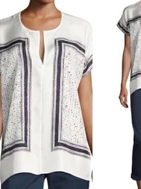 Vince White Tunic Top with Navy Print Panels